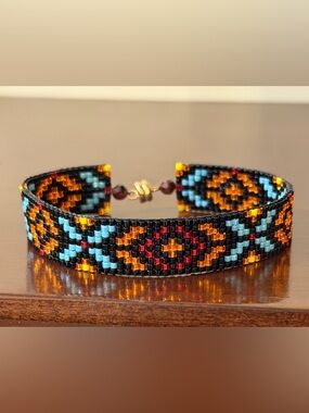 Geometric Beaded Bracelet | Turquoise Gold Garnet | Handmade Loom